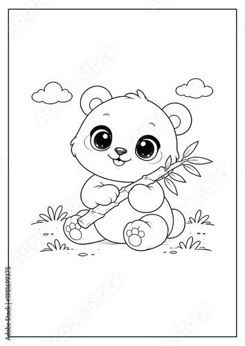 cartoon coloring page of a cute panda holding bamboo