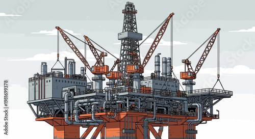 Offshore Oil Rig Platform with Cranes and Industrial Structures