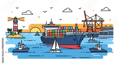 Container Ship in Harbor with Lighthouse, Crane, and Sailboats at Sunset
