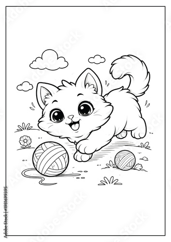 cartoon coloring page of a cute cat playing in the yard.