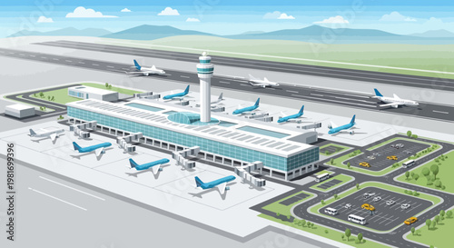 Modern Airport Terminal with Airplanes, Control Tower, and Runway - Aerial View