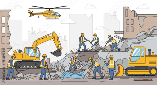 Construction Crew and Heavy Machinery Clearing Rubble After Disaster