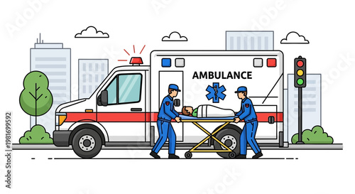 Ambulance Crew Transporting Patient on Stretcher in City Scene