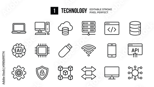 Collection of technology icons including computer and mobile devices  cloud and database storage  ai and api  security and network icone set
