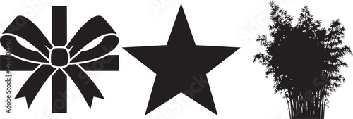 Black silhouette icons of gift bow, five-pointed star, and floral bouquet, set of 3 vector elements for celebration and holiday design isolated PNG with Transparent Background