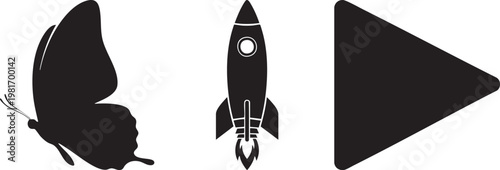 Minimalist black icons set, butterfly silhouette and rocket ship vector, play button symbol for digital interface design isolated PNG with Transparent Background