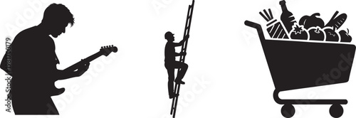 Black silhouette lifestyle icons, musician playing electric guitar, man climbing ladder, full grocery shopping cart vector set isolated PNG with Transparent Background