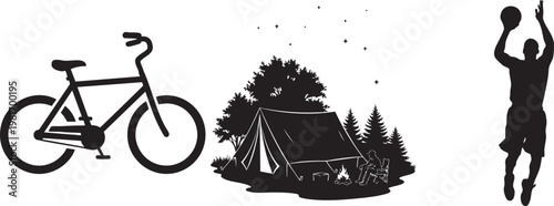 Outdoor recreation silhouettes set, black bicycle icon, camping tent in forest with campfire, basketball player jumping with ball vector isolated PNG with Transparent Background