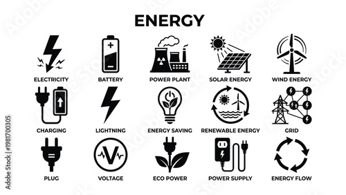 Energy concepts and sources icons set including electricity solar wind and renewable energy  various power related symbols icone set
