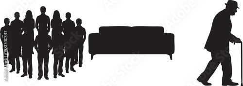 Black silhouette of elderly man with cane walking away from a crowd and sofa, senior loneliness and social isolation concept, vector illustration isolated PNG with Transparent Background