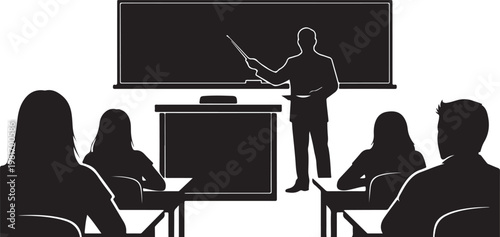 Teacher Teaching Silhouette, Education Black Vector Isolated on White Background.