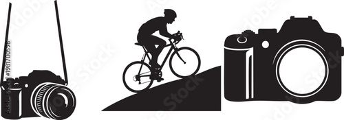 Black camera silhouette set with cycling photographer, digital SLR camera icons, professional photography and sports vector elements isolated PNG with Transparent Background
