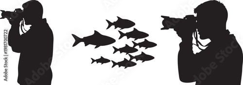 Black silhouette of photographers taking pictures of fish, wildlife photography vector set, professional cameraman with digital camera isolated PNG with Transparent Background