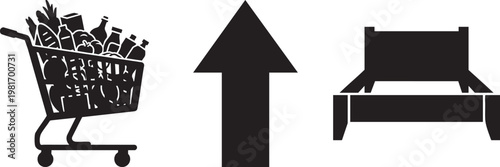 Black silhouette grocery shopping cart, rising arrow icon and bed, concept of increasing cost of living and inflation, vector set isolated PNG with Transparent Background
