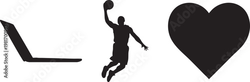 Minimalist basketball lifestyle vector silhouette, laptop and athlete dunking with heart icon, sports hobby and work balance concept isolated PNG with Transparent Background