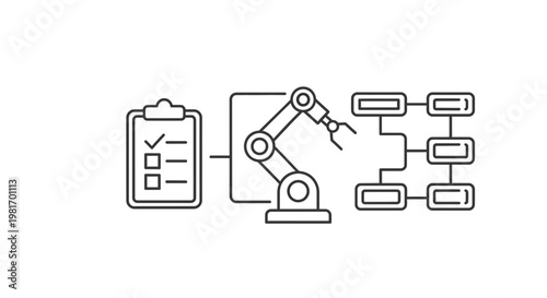 Robotics, automation, industrial robot arm, manufacturing process, workflow diagram, clipboard with checklist