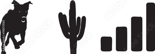 Black silhouette icons of barking dog, saguaro cactus, and signal strength bars, minimalist vector graphic set isolated PNG with Transparent Background