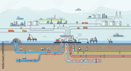 Industrial Complex with Offshore Oil Rig, Pipelines, and Transportation Network