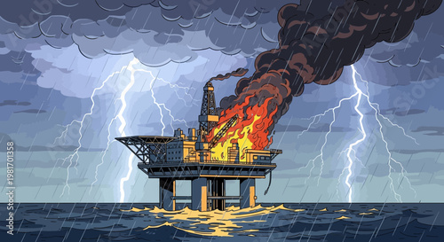 Offshore oil rig engulfed in flames during a severe thunderstorm with lightning strikes