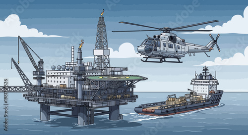 Offshore Oil Rig, Helicopter and Supply Ship in the Ocean - Pixel Art