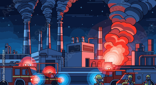 Pixel Art Factory Fire: Emergency Response with Fire Trucks and Smoke at Night