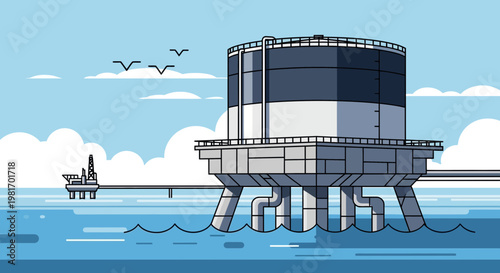 Offshore Oil Storage Tank and Platform on Blue Water with Birds and Clouds