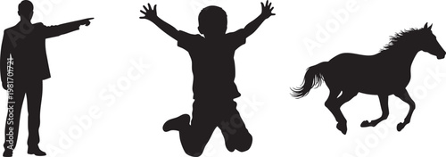 Silhouettes of a man, a joyful child jumping, and a running horse on a white background, freedom and happiness concept