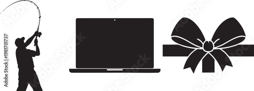 Silhouette of a man fishing with a laptop and gift icons on a white background in black colors