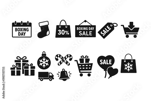 Seasonal holiday shopping and special event sales icons collection, perfect for promoting fantastic deals and festive commerce activities