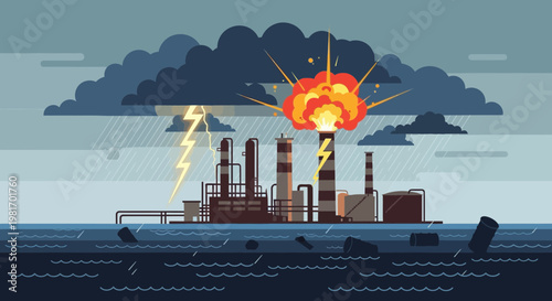 Industrial explosion disaster, factory fire and pollution in stormy weather