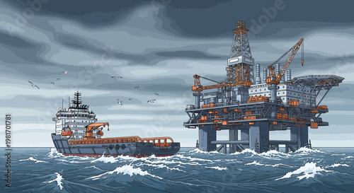 Oil Rig and Supply Ship in Rough Seas, Industrial Offshore Scene