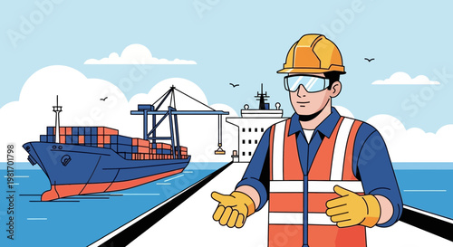 Maritime worker in safety gear at a busy port with cargo ship and cranes