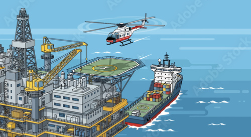Offshore Oil Platform and Helicopter Landing on Ship Deck, Maritime Industry