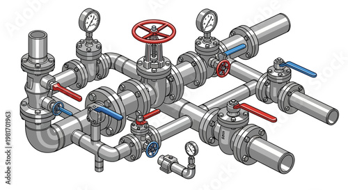 Industrial Piping System with Valves and Gauges - Technical Illustration