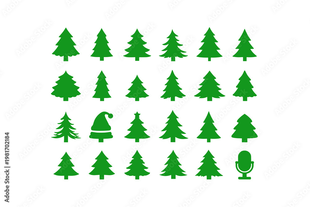 Obraz premium Vibrant assortment of evergreen tree vector graphics, ideal for festive season projects, digital designs, and holiday-themed layouts
