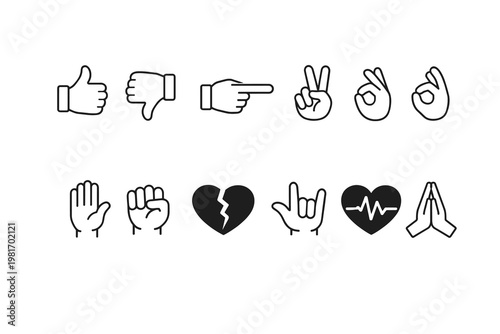 Vector outline icon set featuring diverse hand gestures and universal communication symbols, ideal for expressing emotions and actions digitally