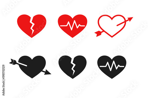 Set of Heart Icons symbolizing Love, Broken Hearts, and Heartbeat Rhythms with Arrows, a collection of graphic illustrations for various digital and print applications