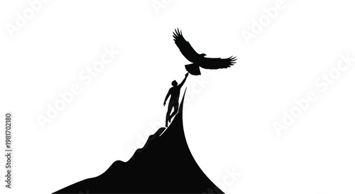 Mountain climber reaching toward an eagle atop a high peak captures the essence of human ambition and the profound connection between mankind and the vast freedom of the natural environment.