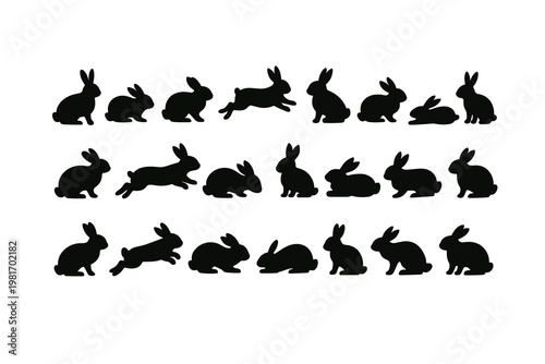 A Collection of Silhouette Bunny Rabbits Displayed in Rows Against a White Background, Capturing Various Poses and Movements of the Agile Creatures