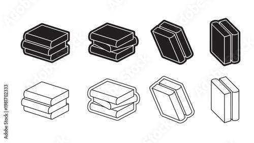 Books stack icon set with black outlines and white page highlights in multiple cover angles featuring library, reading, education with study and