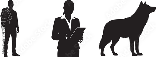 Silhouettes of a man with backpack, a businesswoman with clipboard, and a dog on a white background in black color