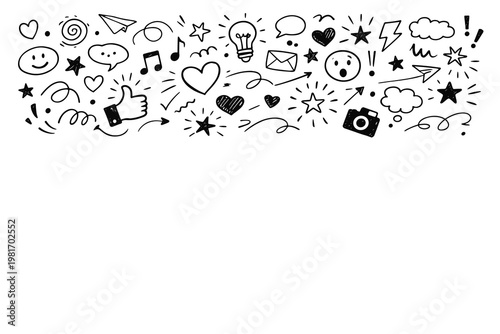 Doodle icons representing social media, communication, and creative elements such as stars, hearts, and music notes on a white background, perfect for web design and digital content