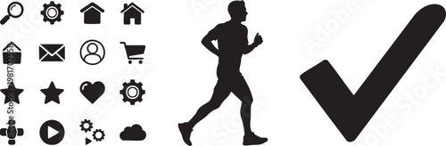 Silhouette of a man running with checkmark and various icons on a white background, symbolizing fitness and confirmation