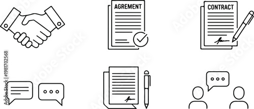 Negotiation Minimal Line Icons Representing Agreement Contracts