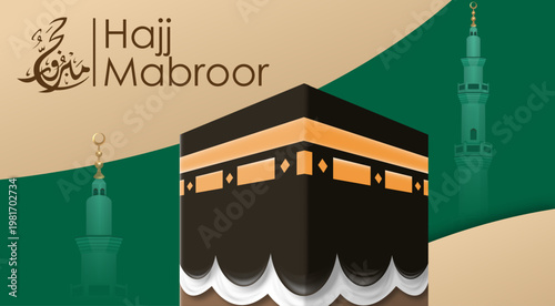 Hajj Mabroor Banner with Kaaba Illustration, Green Mosque Silhouette Background, and Islamic Celebration Theme