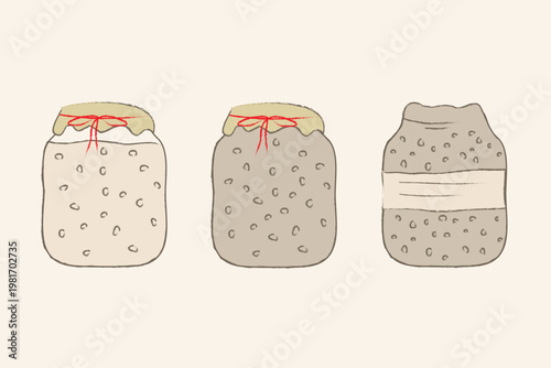 Rustic hand-drawn sourdough jar collection with labels – neutral vector clipart for baking and farmhouse decor.