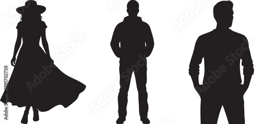 Silhouettes of three people standing in different poses on white background, black figures, anonymous individuals, mysterious group