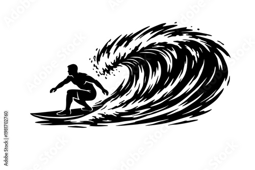 Silhouette of a surfer riding a massive, powerful wave, depicted in a dynamic, black and white illustration, capturing the thrilling essence of extreme water sports and adventure