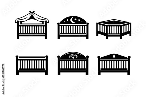 Collection of Six Various Crib and Baby Bed Designs in Black and White Vector Icons Representing Sleep Furniture for Infants