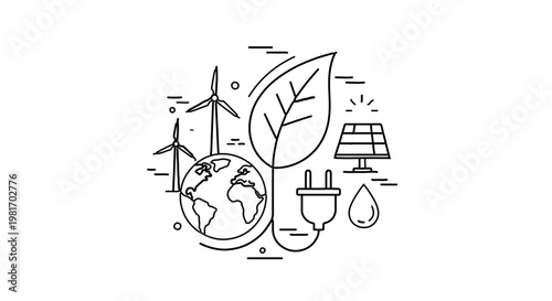 Sustainable green energy icons set featuring wind turbine, solar panel, earth globe, and leaf.
